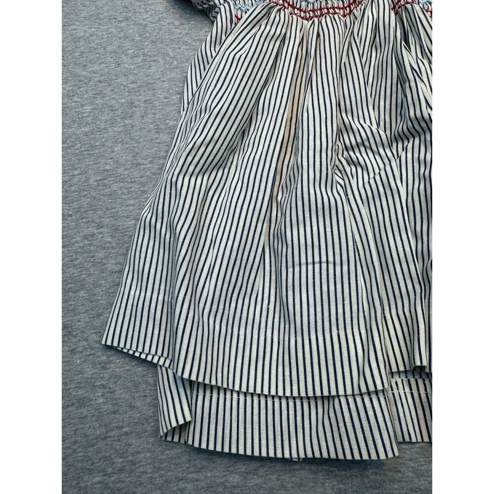 Vintage 1980s Girls Sailor Dress Smocked Nautical Striped Handmade Approx 4T